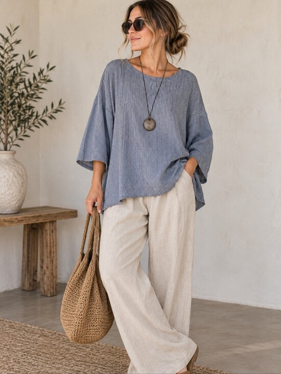 Linenfox Tops - Size:M Linenfox Women's Linen Top Harper Blouse Stripes Lagenlook